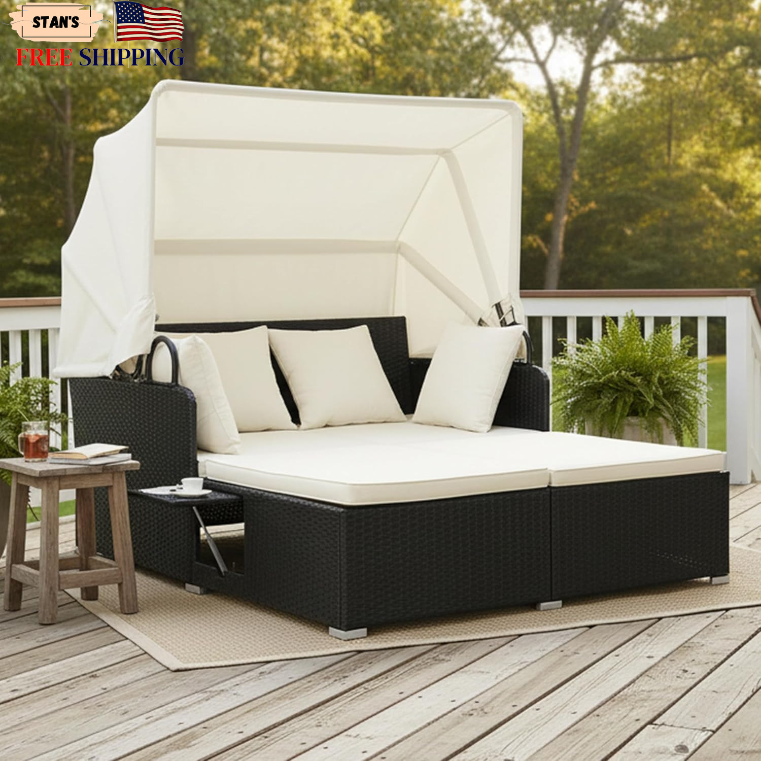 Patio Rattan Daybed with Retractable Canopy Outdoor Wicker Sunbed Lounger with 2