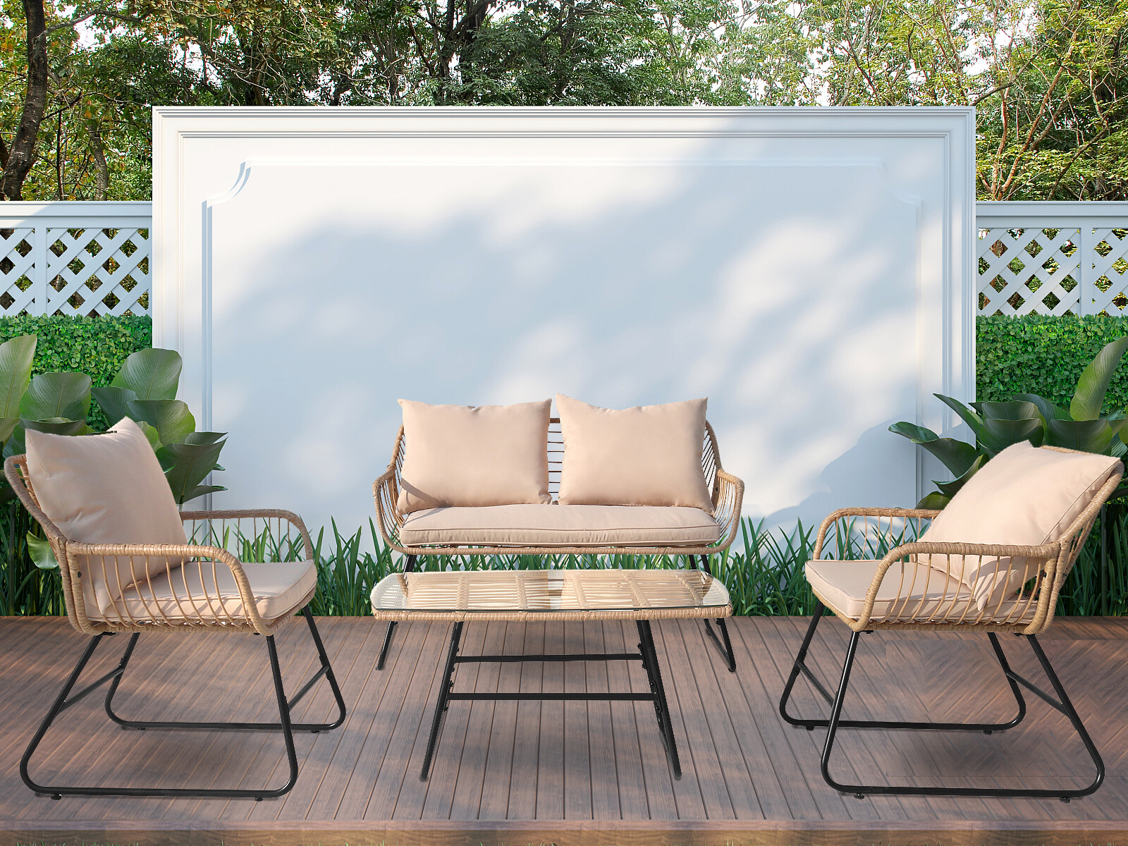 4 Pcs Outdoor Patio Rattan Furniture Set Cushions Loveseat Sofa W/ Coffee Table