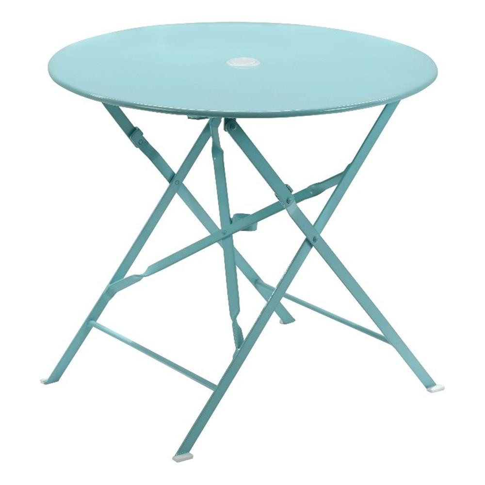 Pemberly Row 30″ Folding Metal Bistro Table with Umbrella Hole in Teal