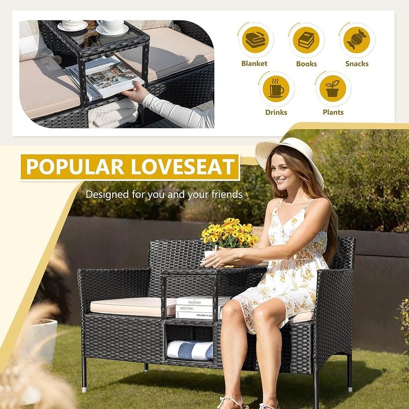 Outdoor Loveseat W/ Built-in Table Storage Durable Rattan Sofa Patio Garden New