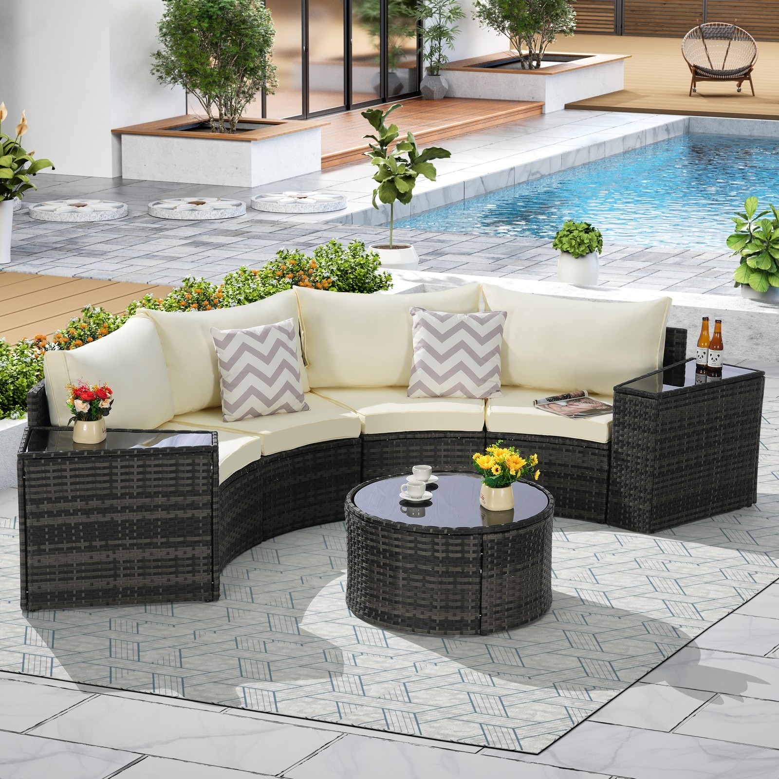 Half-Moon Sectional Patio Set 7-Piece with Glass Coffee Table