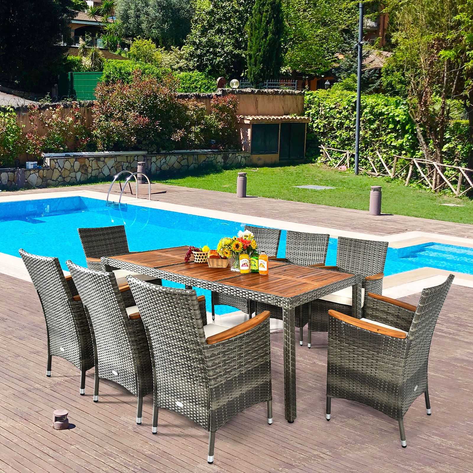 9PCS Outdoor Dining Set Patio Acacia Wood and Rattan Furniture Set w/ Cushions