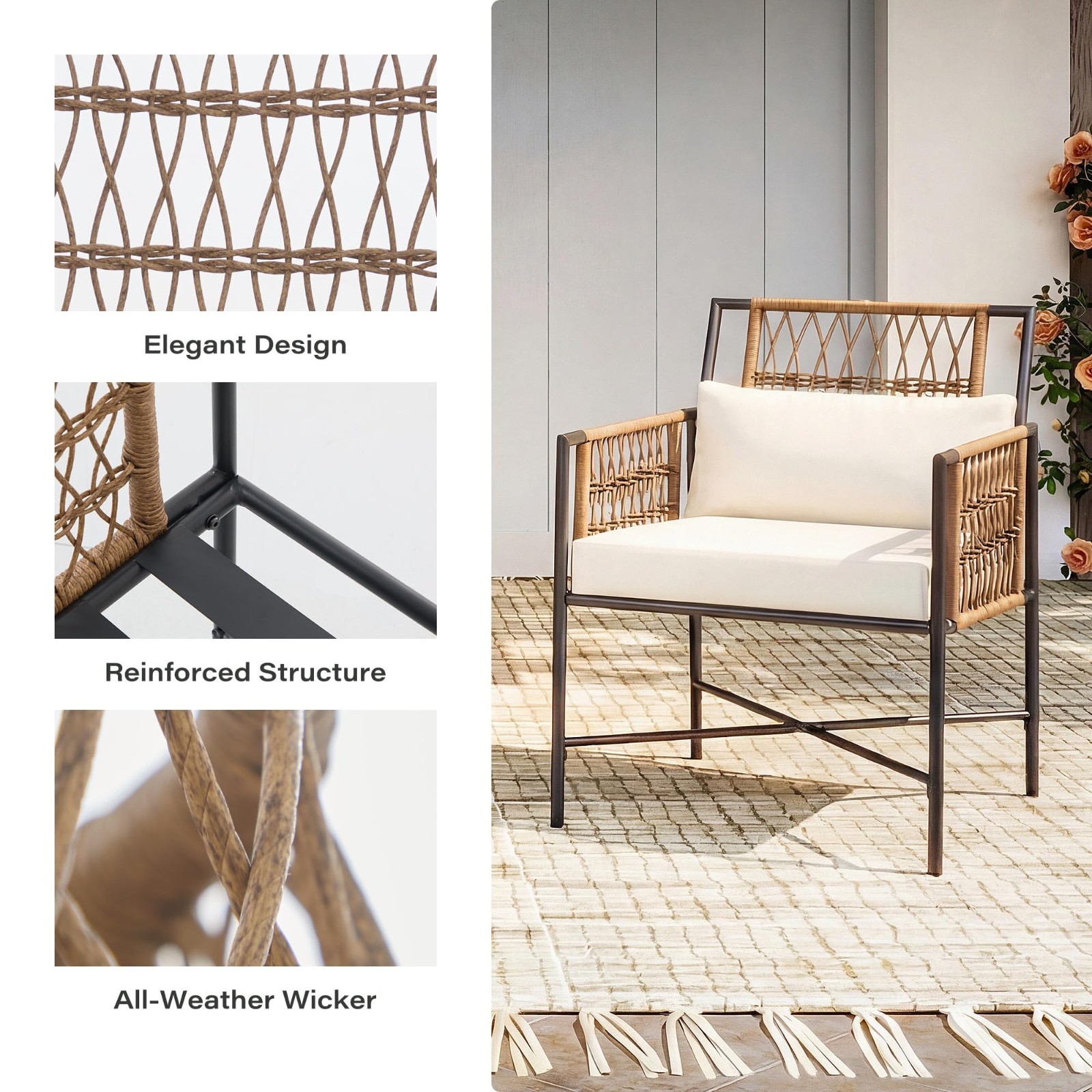 3Piece Rattan Bistro Set, Chairs & Round Table, Steel Frame for Balcony Backyard