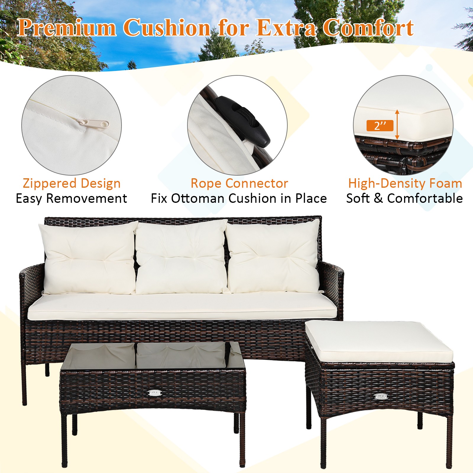 Patiojoy 3-Seat Sofa Cushioned Table 3PCS Patio Rattan Furniture Set Garden