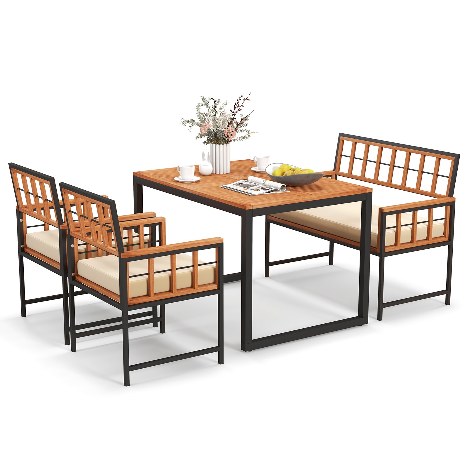 4 Piece Patio Dining Set Outdoor Wood Dining Furniture W/ 2 Chairs & 1 Loveseat