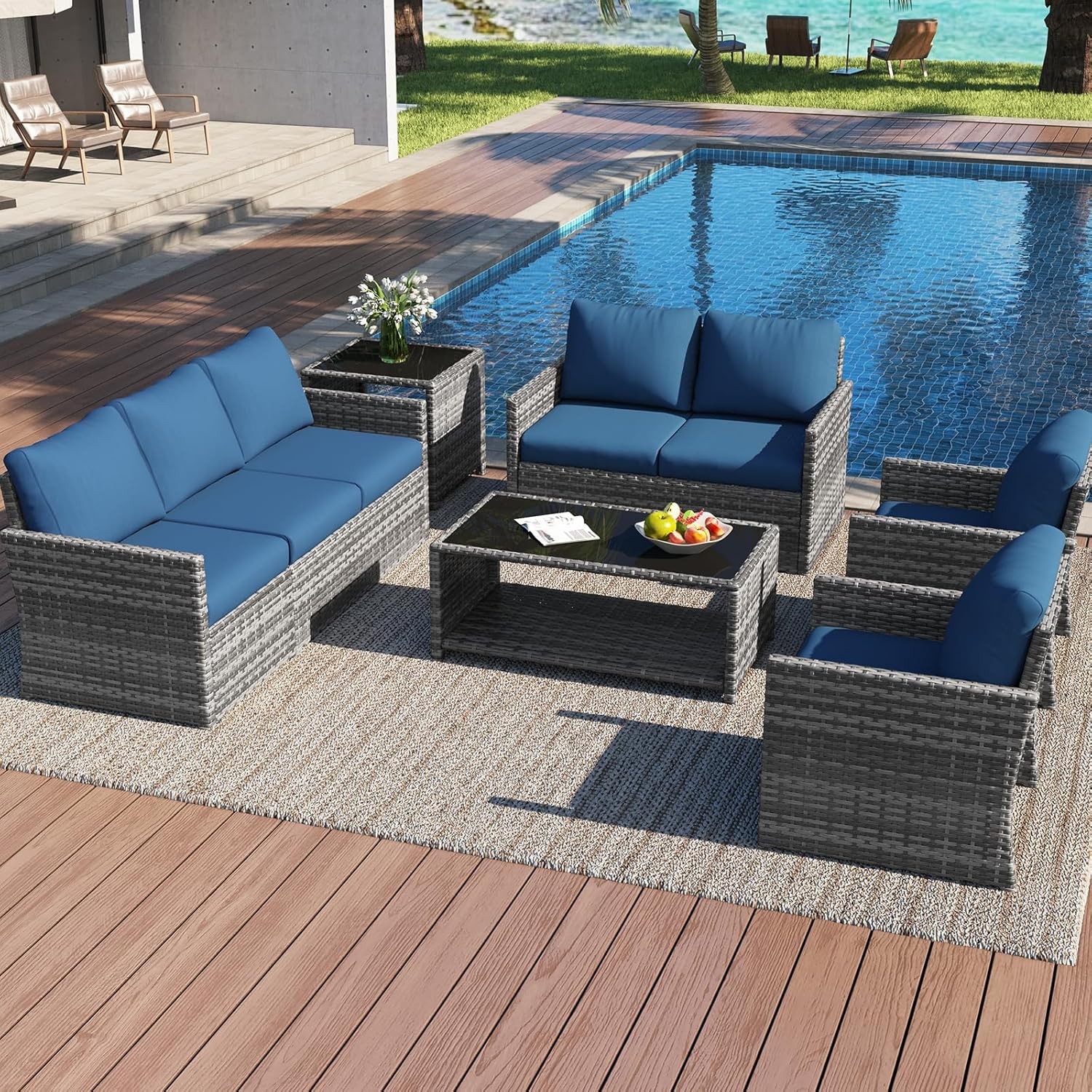 7 Piece Outdoor Patio Set Wicker Conversation Furniture with Two Tables Garden