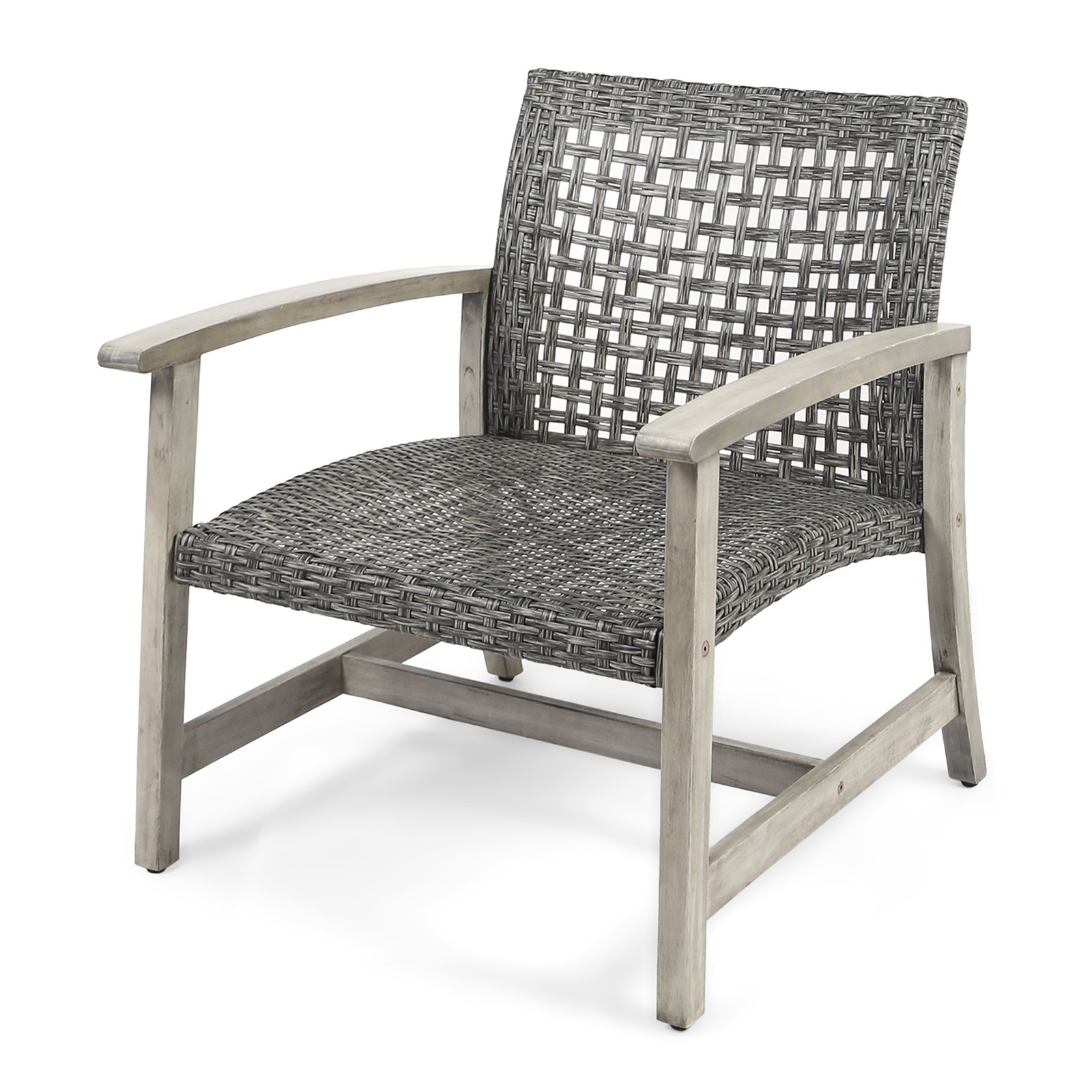 Acacia Wood & Wicker Club Chair Set of 2, Gray & Black Finish