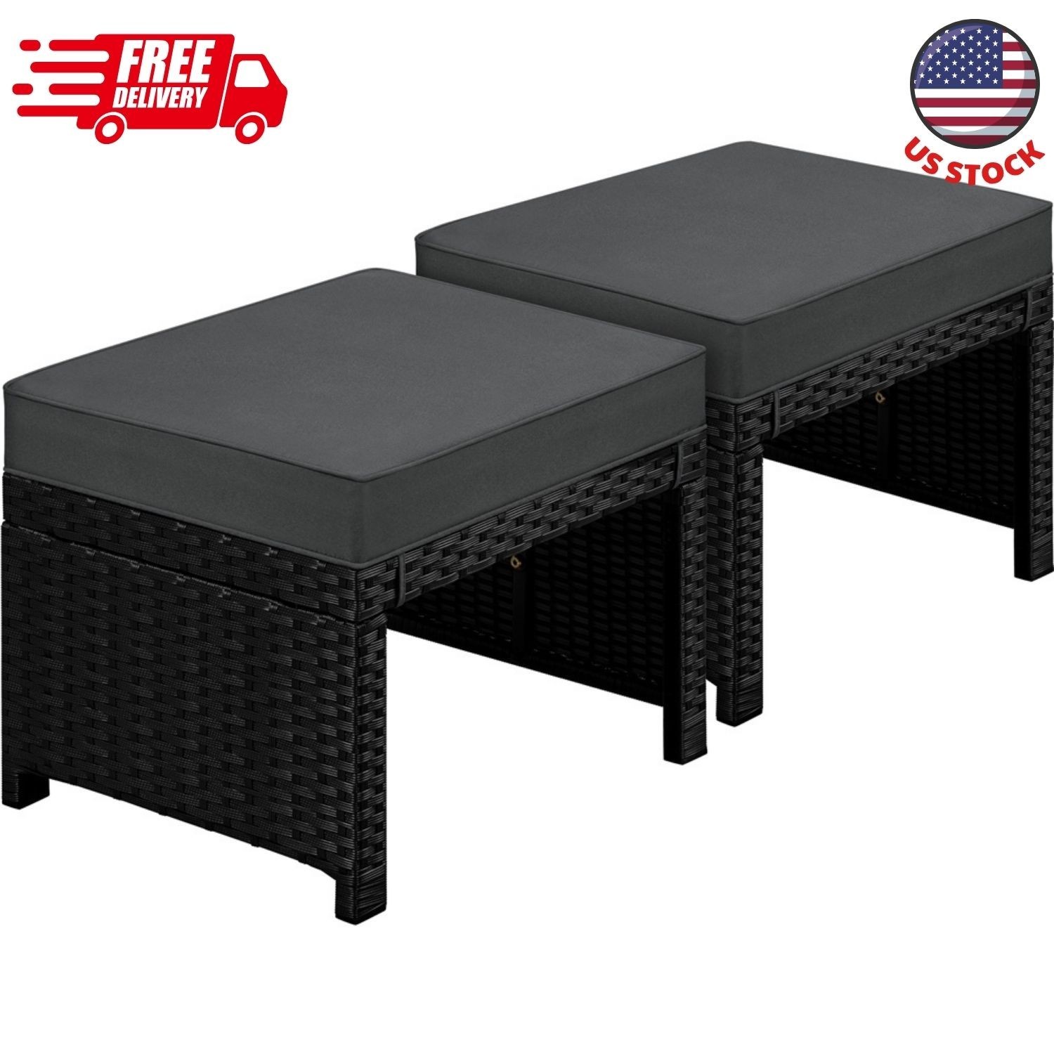 2 Pieces Outdoor Wicker Ottomans with Removable Cushions, Black/Gray