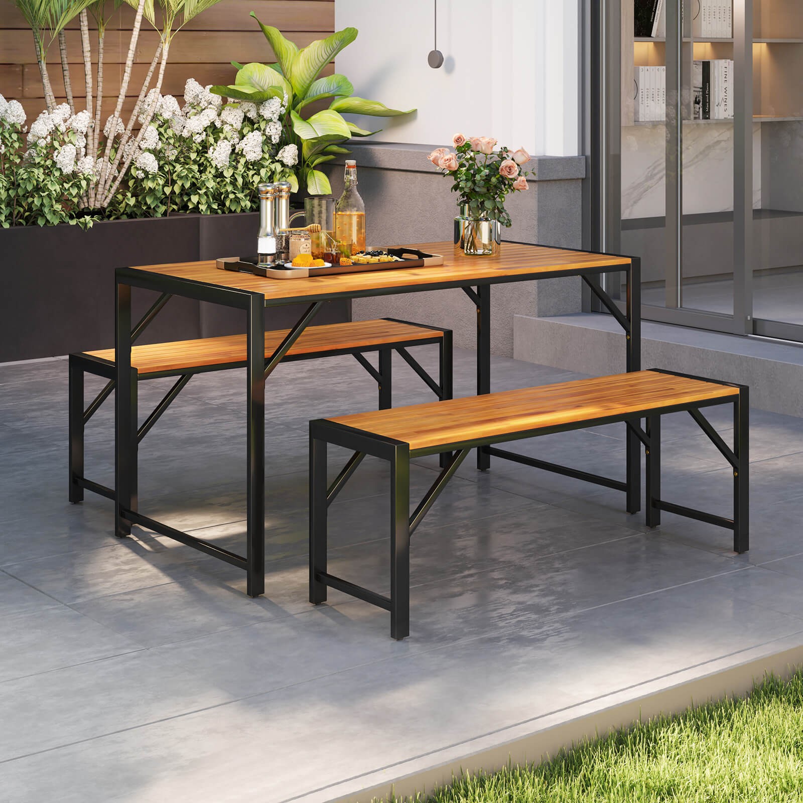 3 PCS Patio Dining Set for 6 People 53″ Acacia Wood Picnic Table & 2 Benches