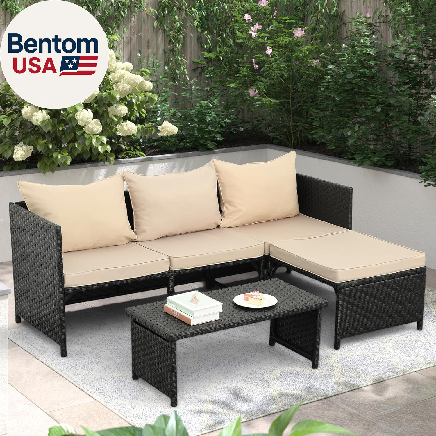 3-Piece Outdoor PE Rattan Furniture Set Patio Black Wicker Conversation Loveseat