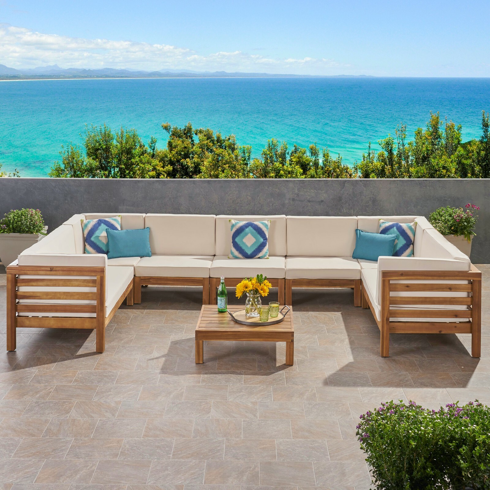 Emma Outdoor 9 Seater Acacia Wood Sectional Sofa Set