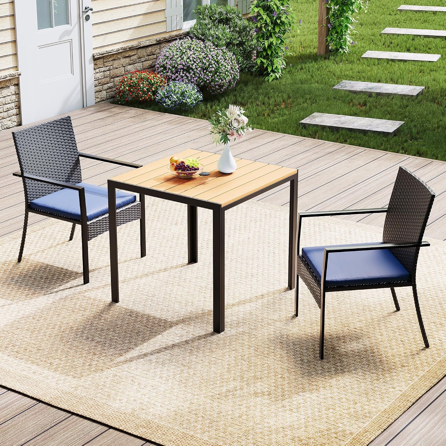 5 Piece Patio Dining Set Wicker Table Chairs Umbrella Hole Soft Cushion Outdoor