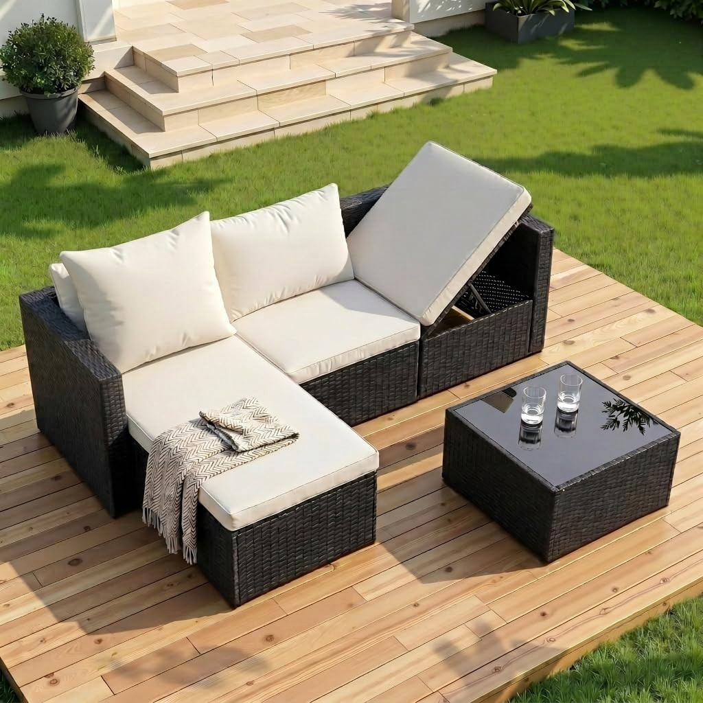 4 Pieces Patio Furniture Set, 2-In-1 Convertible Sectional Sofa & Chaise Lounge,