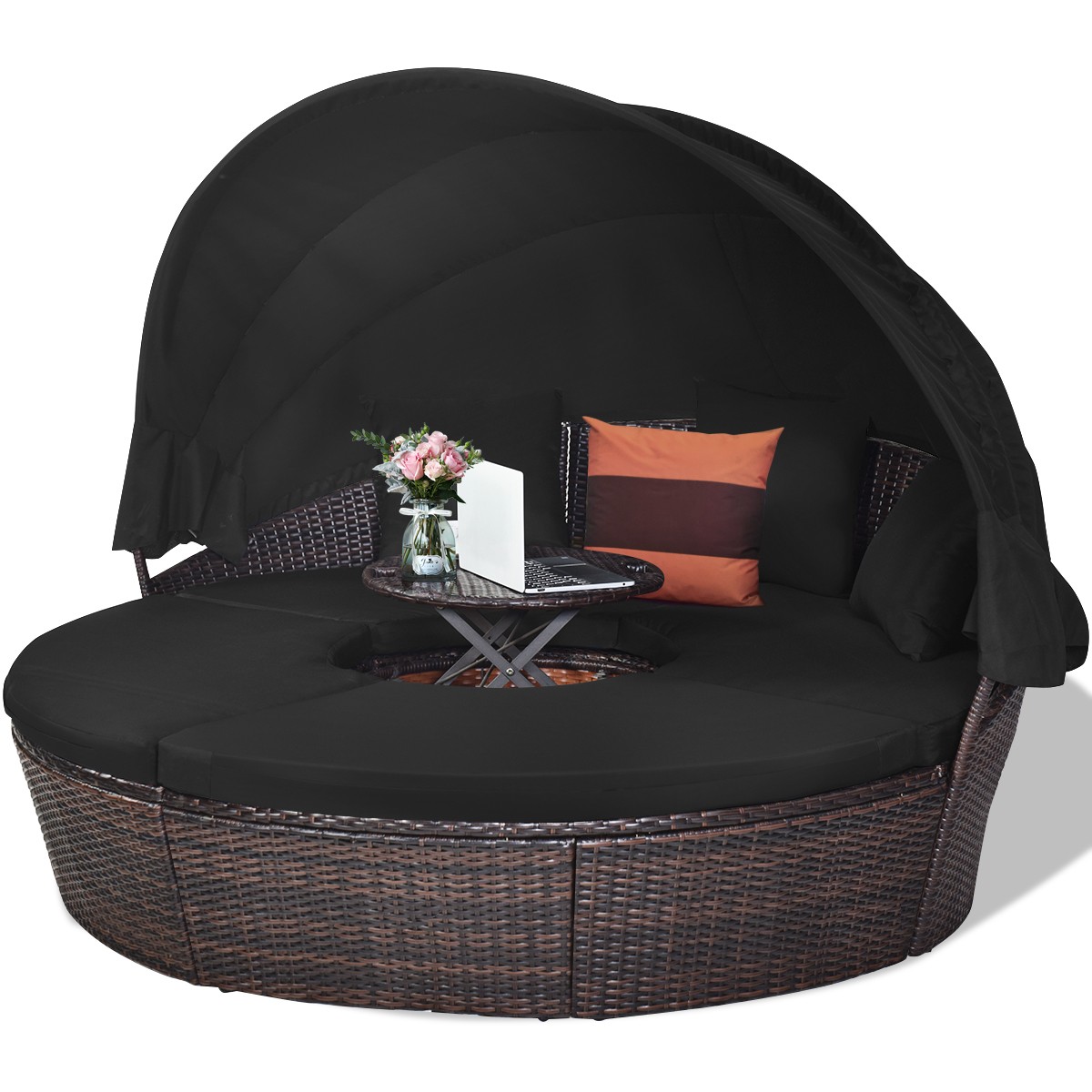 Patio Rattan Daybed Cushioned Sofa Adjustable Table Top Garden Outdoor Camping