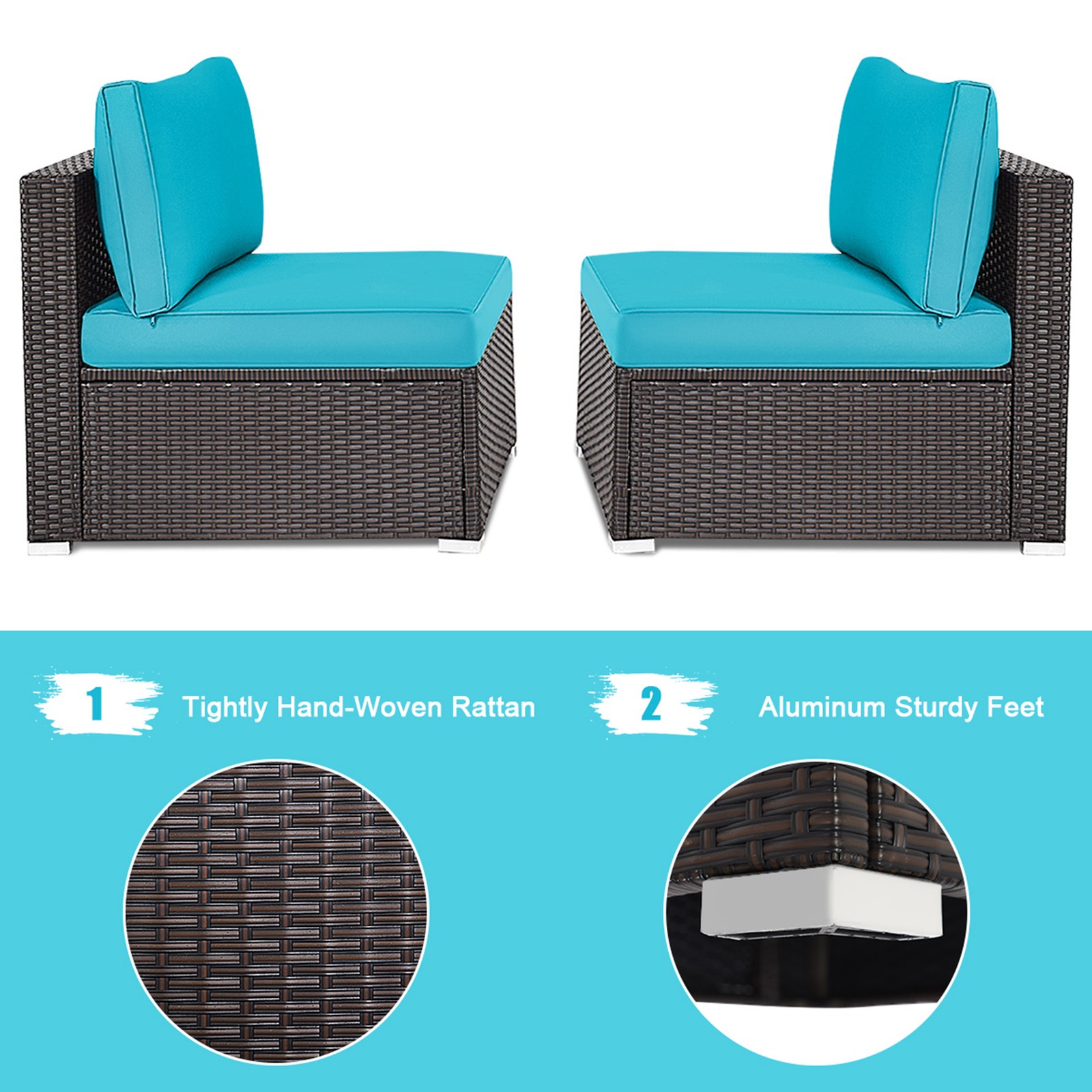 2PCS Patio Wicker Rattan Sectional Armless Chair Sofa w/ Turquoise Cushion