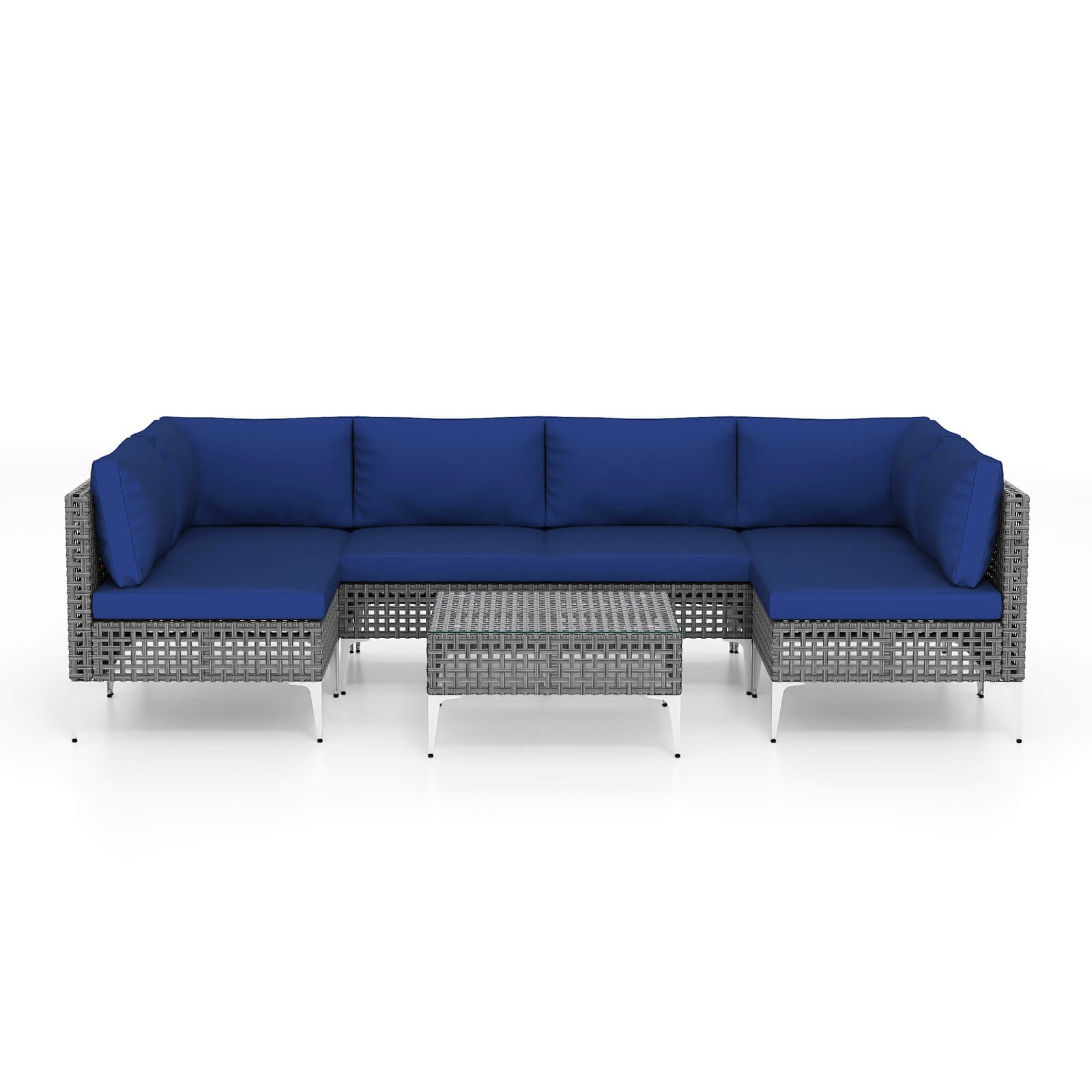7 Piece Outdoor Furniture Set w/Seat & Back Cushions Tempered Glass Coffee Table