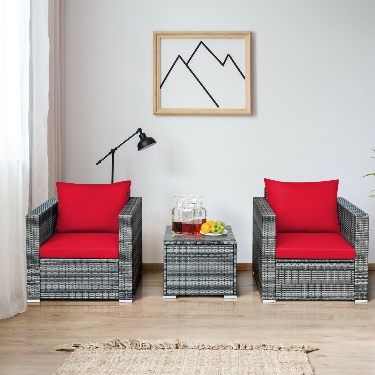 3 Piece Cushioned Sofa Chair Table Patio Outdoor Rattan Furniture Bistro Set Red