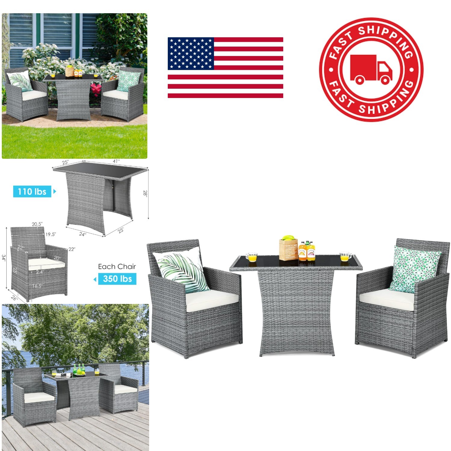 3 Piece Space Saving Bistro Set with Breathable Cushions for Outdoor Relaxation