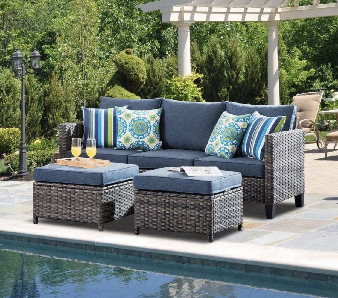3-Piece Outdoor Rattan Wicker Sofa Set Gray w/ Blue Cushions, 2 Ottomans