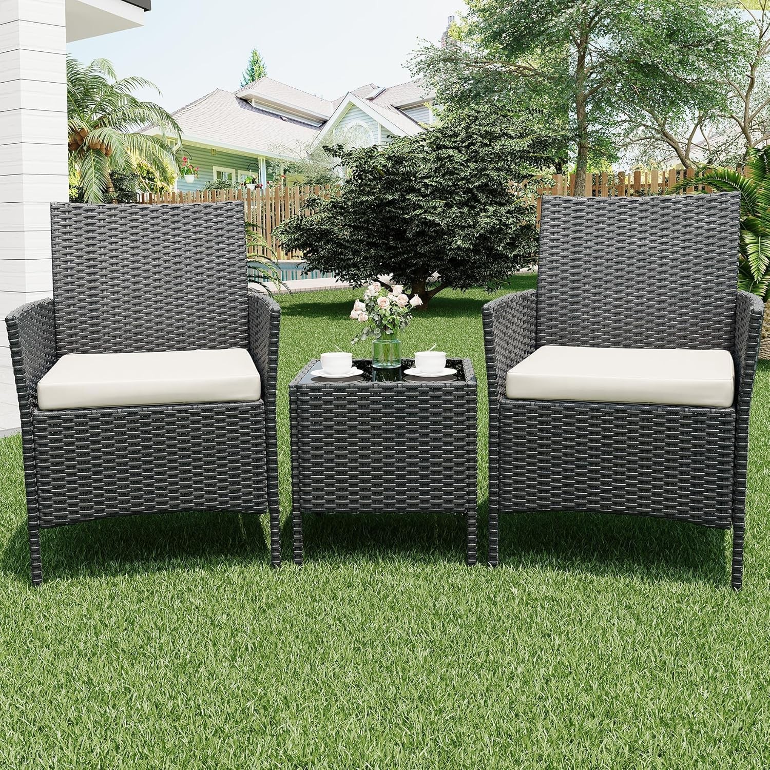 3 Piece Outdoor Rattan Chair Set w Cushion&Glass Table, Wicker Conversation Set