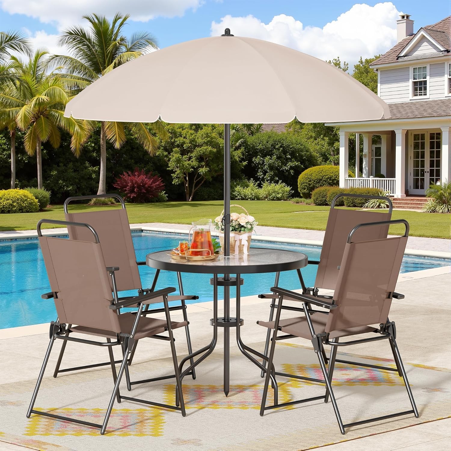 6 Piece Patio Dining Set with Umbrella, Outdoor Furniture Set with 4 Folding