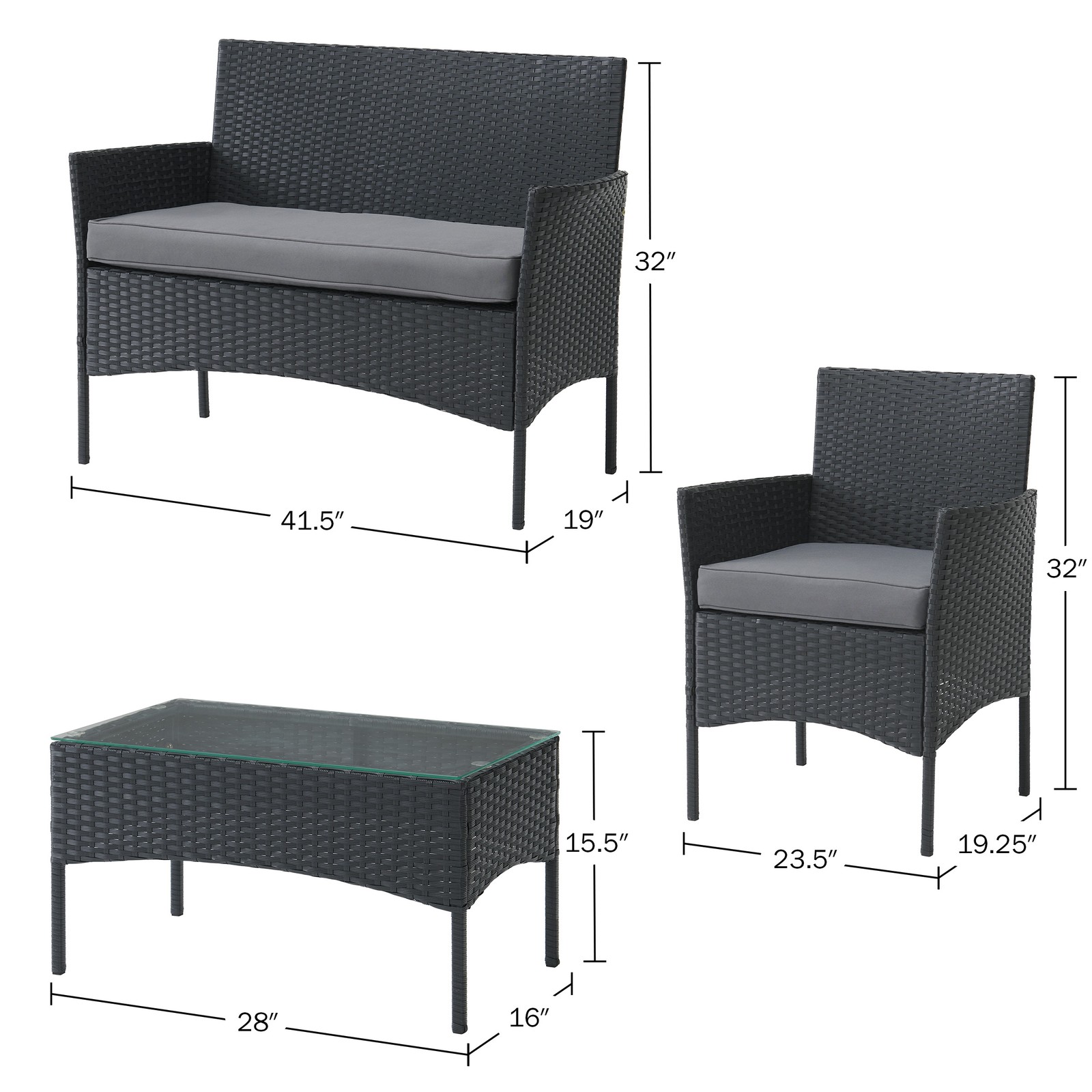 4PC Patio Furniture Sets Outdoor Rattan Cushion Sofa Chairs Table Combo, Gray