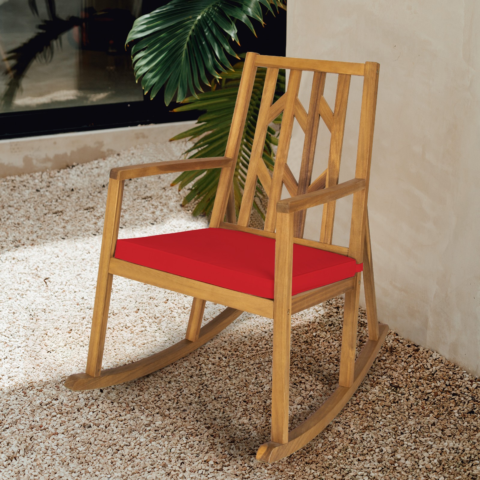 Patio Rocking Chair Acacia Wood Armrest Cushioned Sofa Garden Deck Red