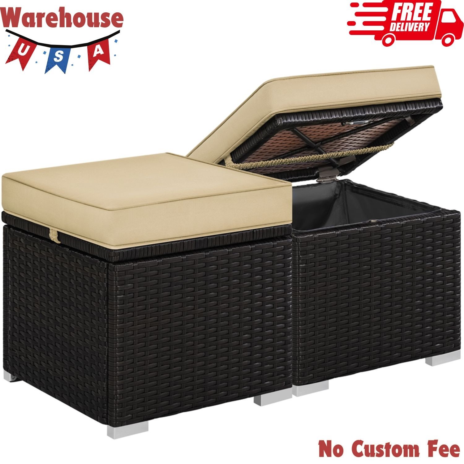 Wicker Patio Storage Ottomans with Cushions, Set of 2, Brown/Khaki