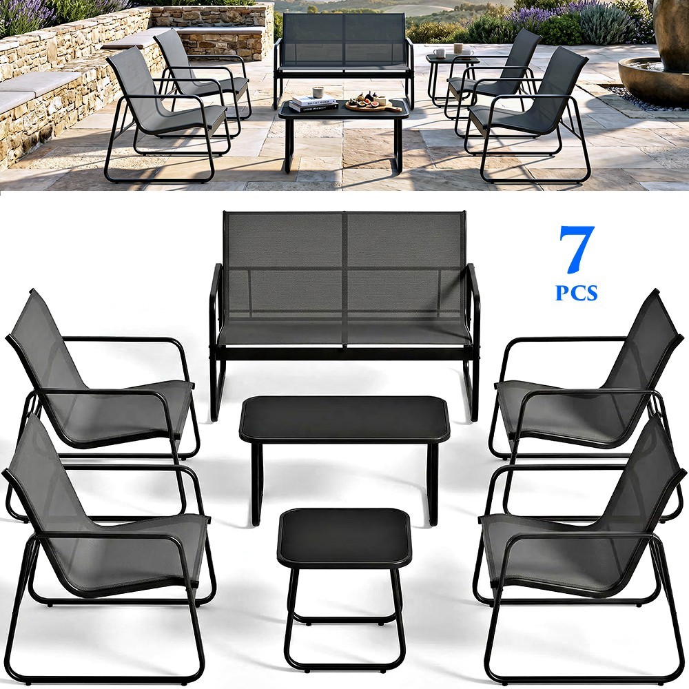 7 PCS PATIO FURNITURE SET OUTDOOR COFFEE TABLE 4 ARMCHAIRS BENCH SIDE TABLE NEW