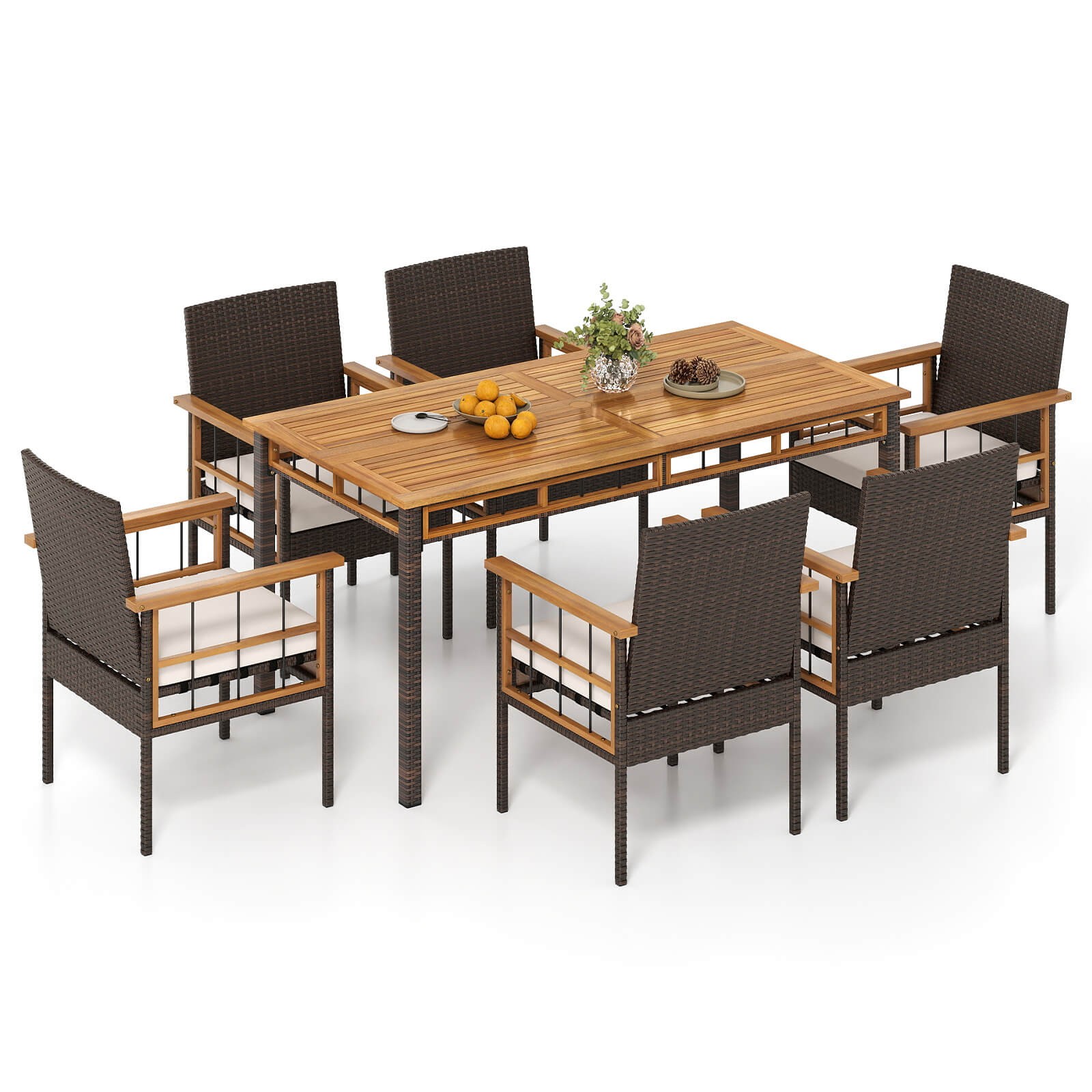 7 PCS PE Wicker Patio Dining Set w/1.97” Umbrella Hole, Cushions for Deck Garden