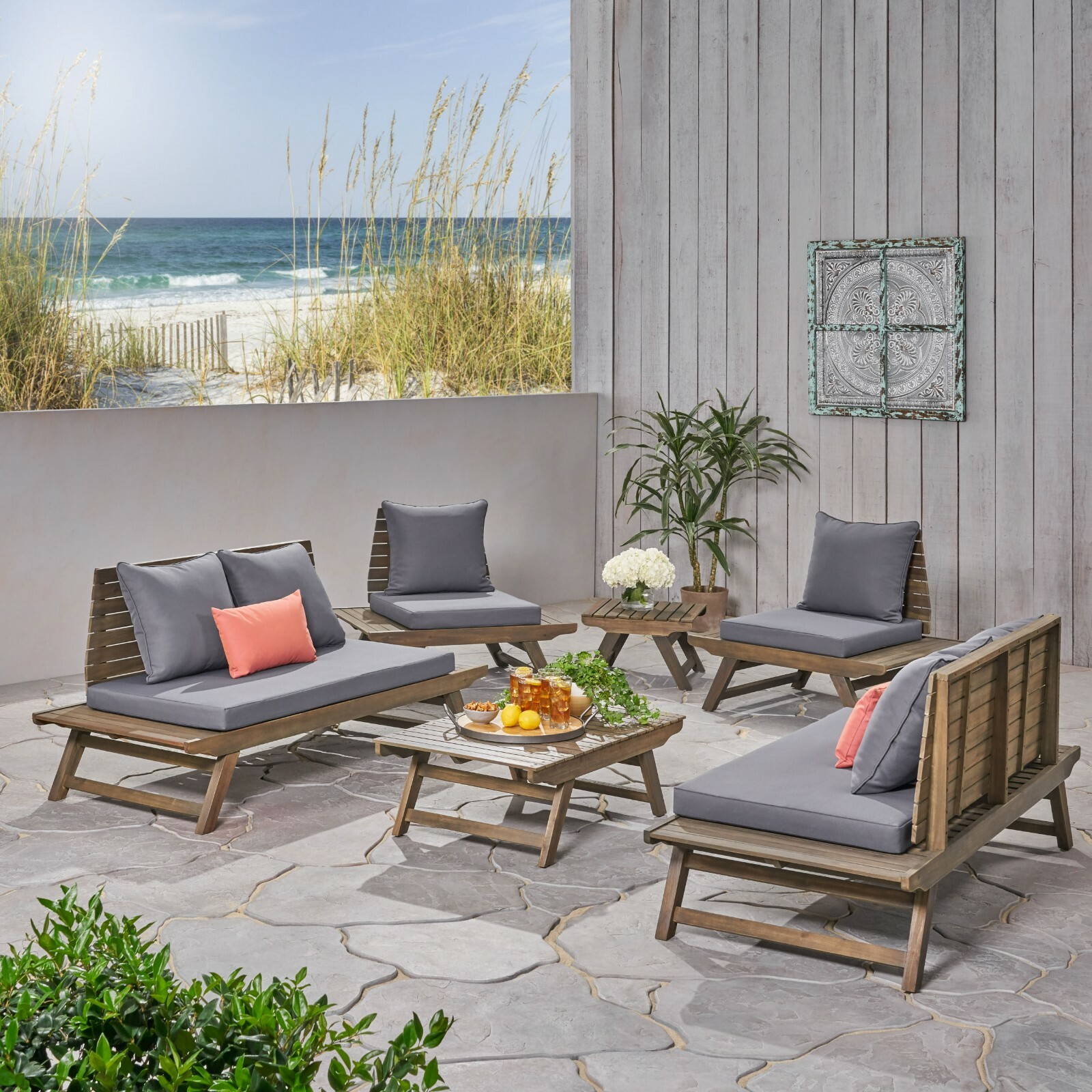 Jennifer Outdoor Acacia Wood 6 Seater Chat Set with Side Table and Coffee Table