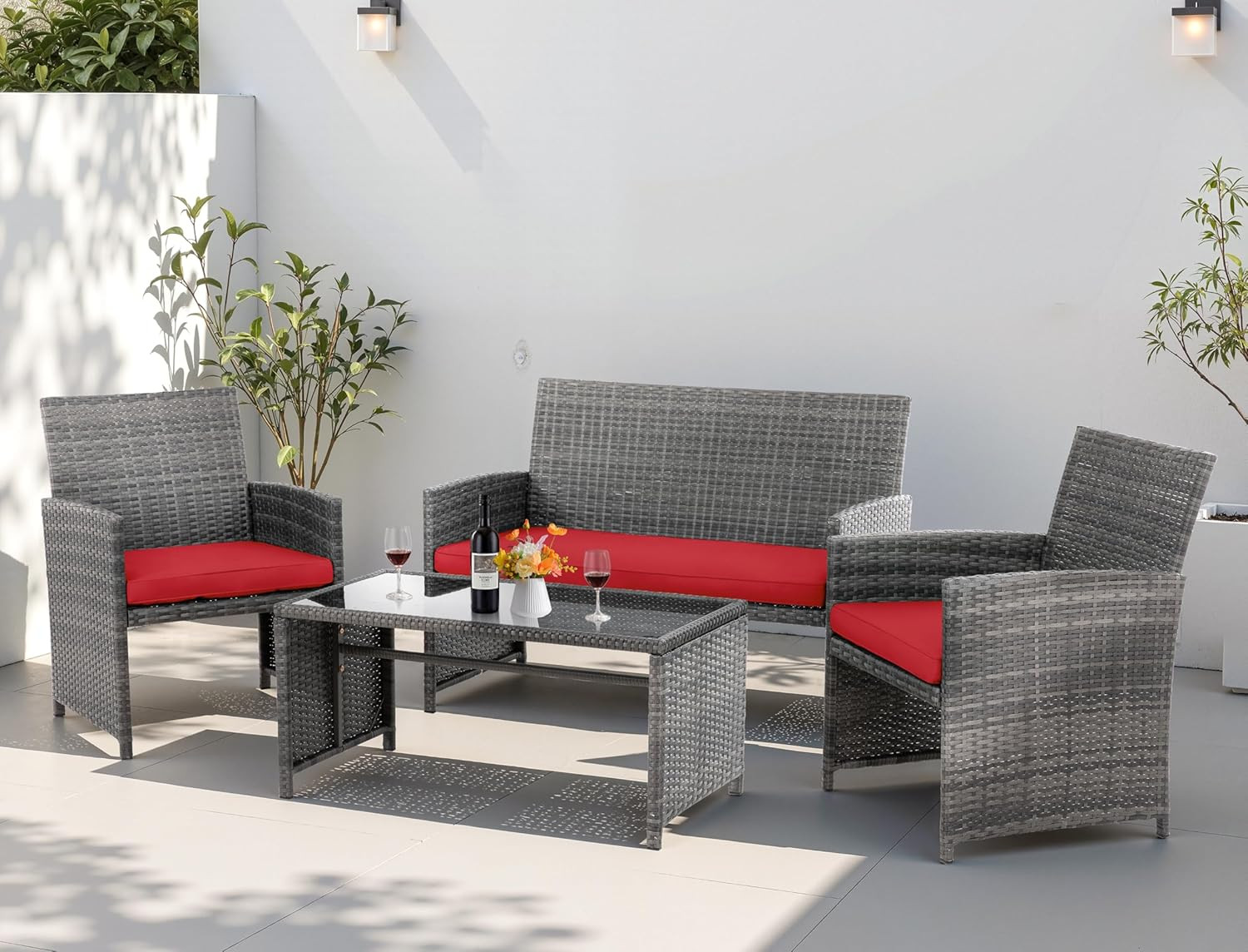 4 Piece Patio Ratten Set Outdoor Furniture Set Wicker Conversation Set with Cush