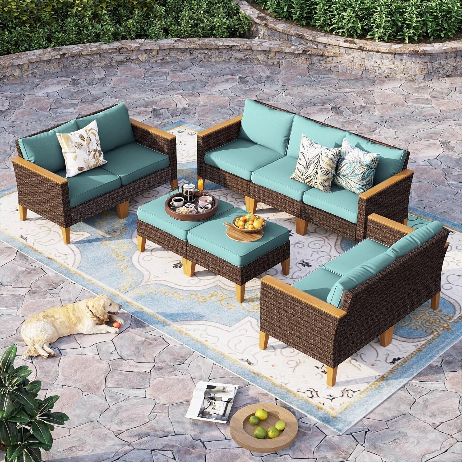 9 Piece Outdoor Patio Furniture Sets Sectional Sofa Rattan Chair Wicker Set Blue