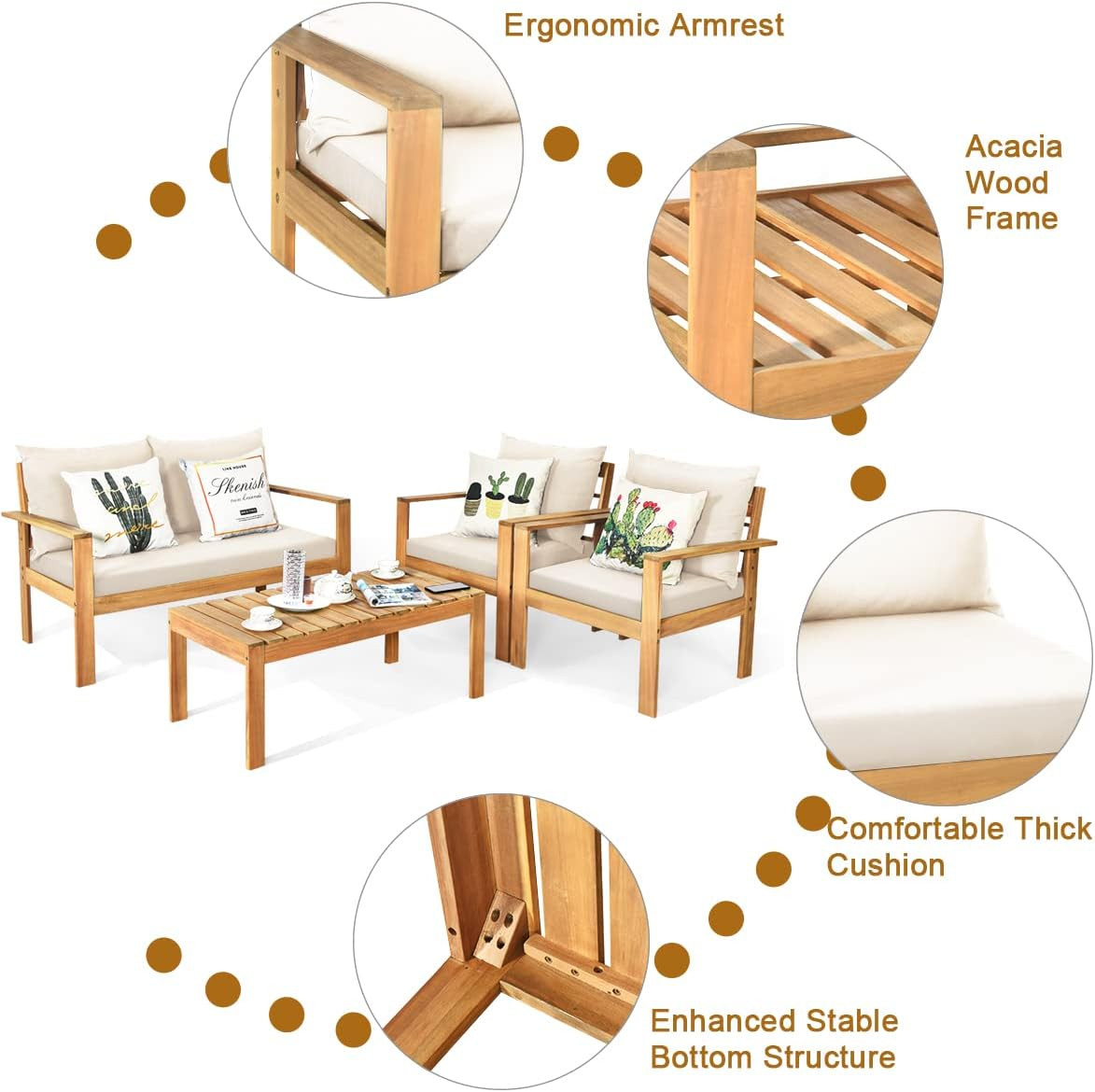 Acacia Wood 4-Piece Outdoor Chat Set with Water Resistant Cushions – White