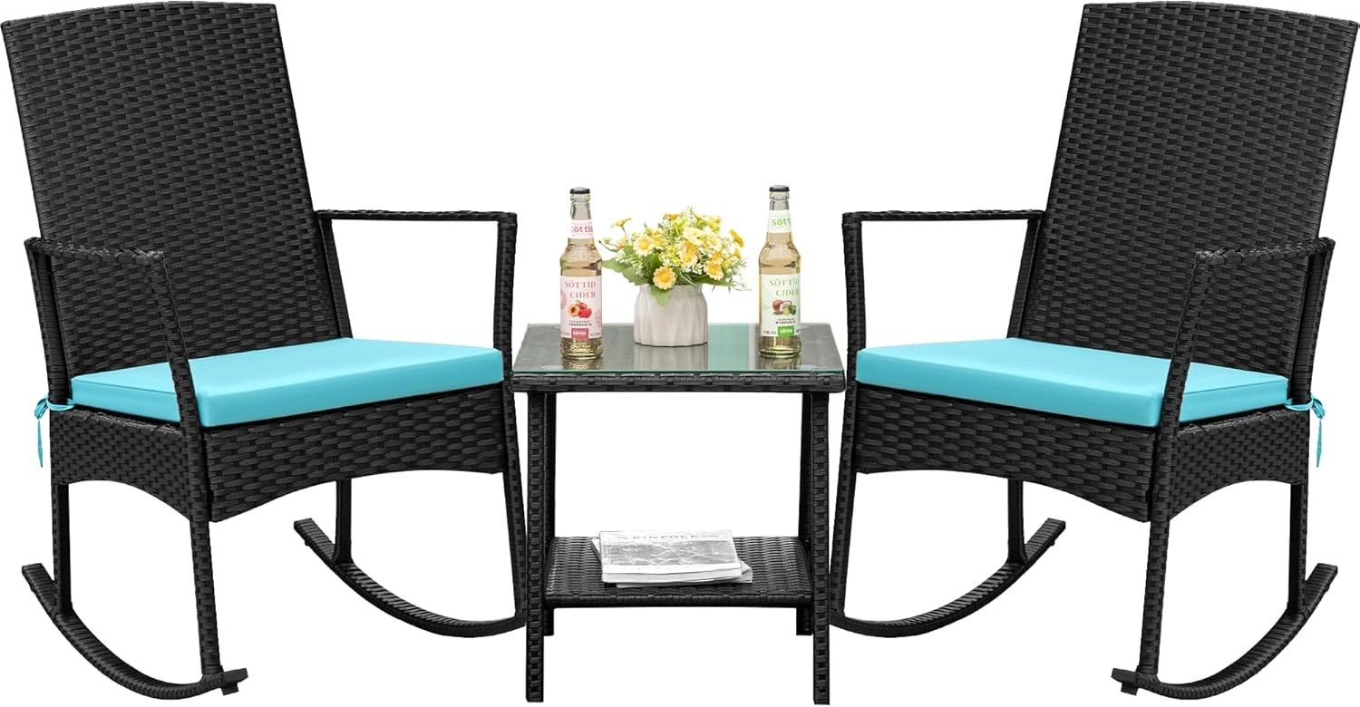 3 Pieces Outdoor PE Rattan Patio Chairs Rocking Chair w/Glass Table For Balcony