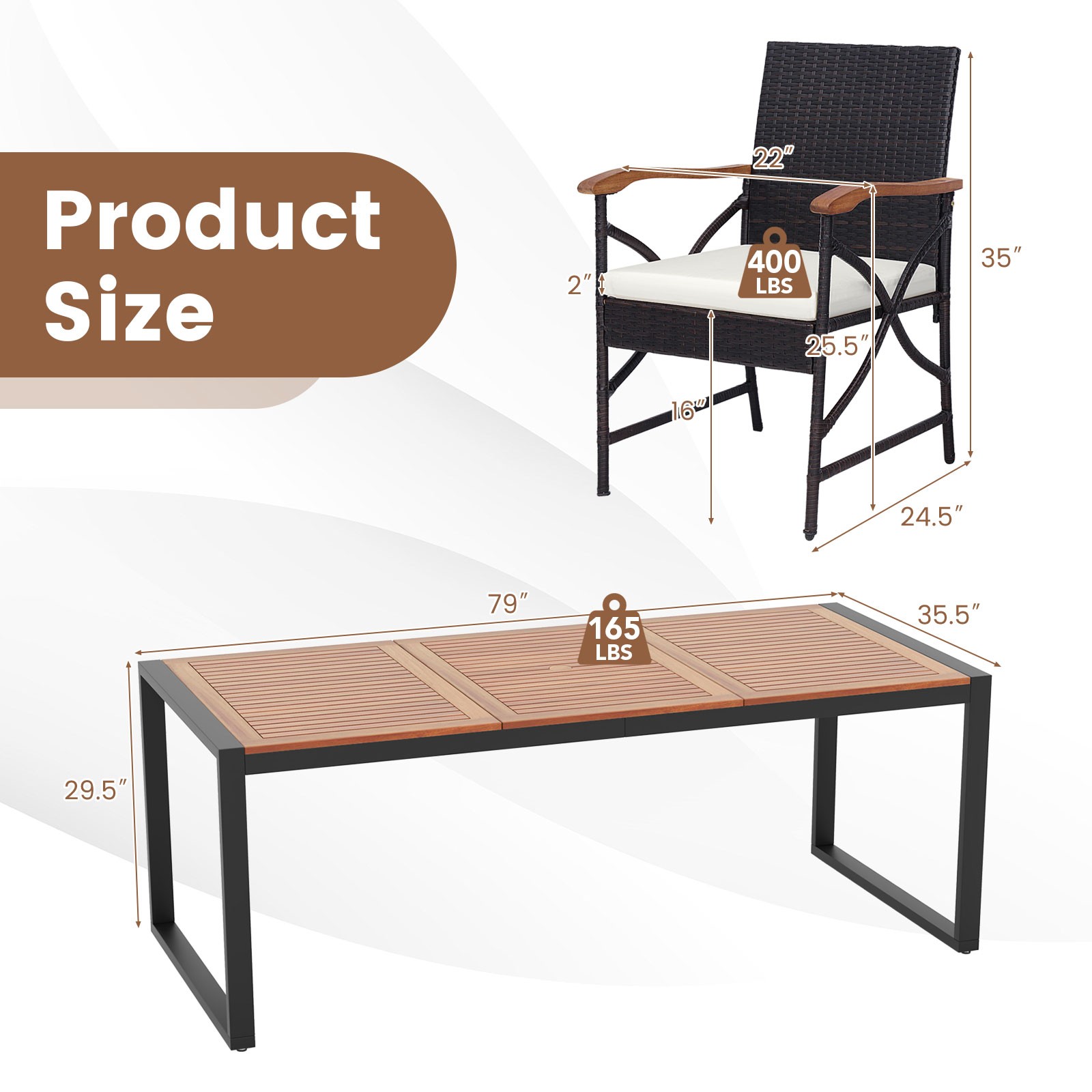 9 Pieces Patio Rattan Dining Set with Acacia Wood Table, 1.9″ Umbrella Hole