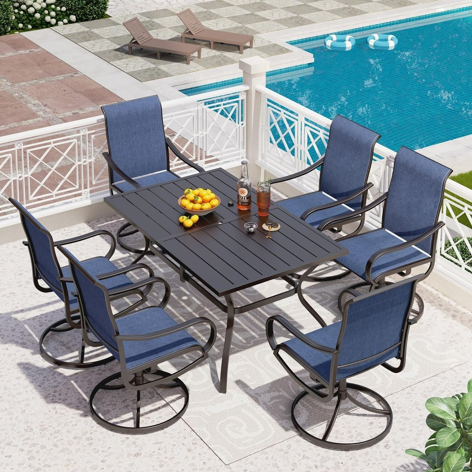 7 Piece Outdoor Patio Dining Set Swivel Chairs &Rectangle Table w/ Umbrella Hole