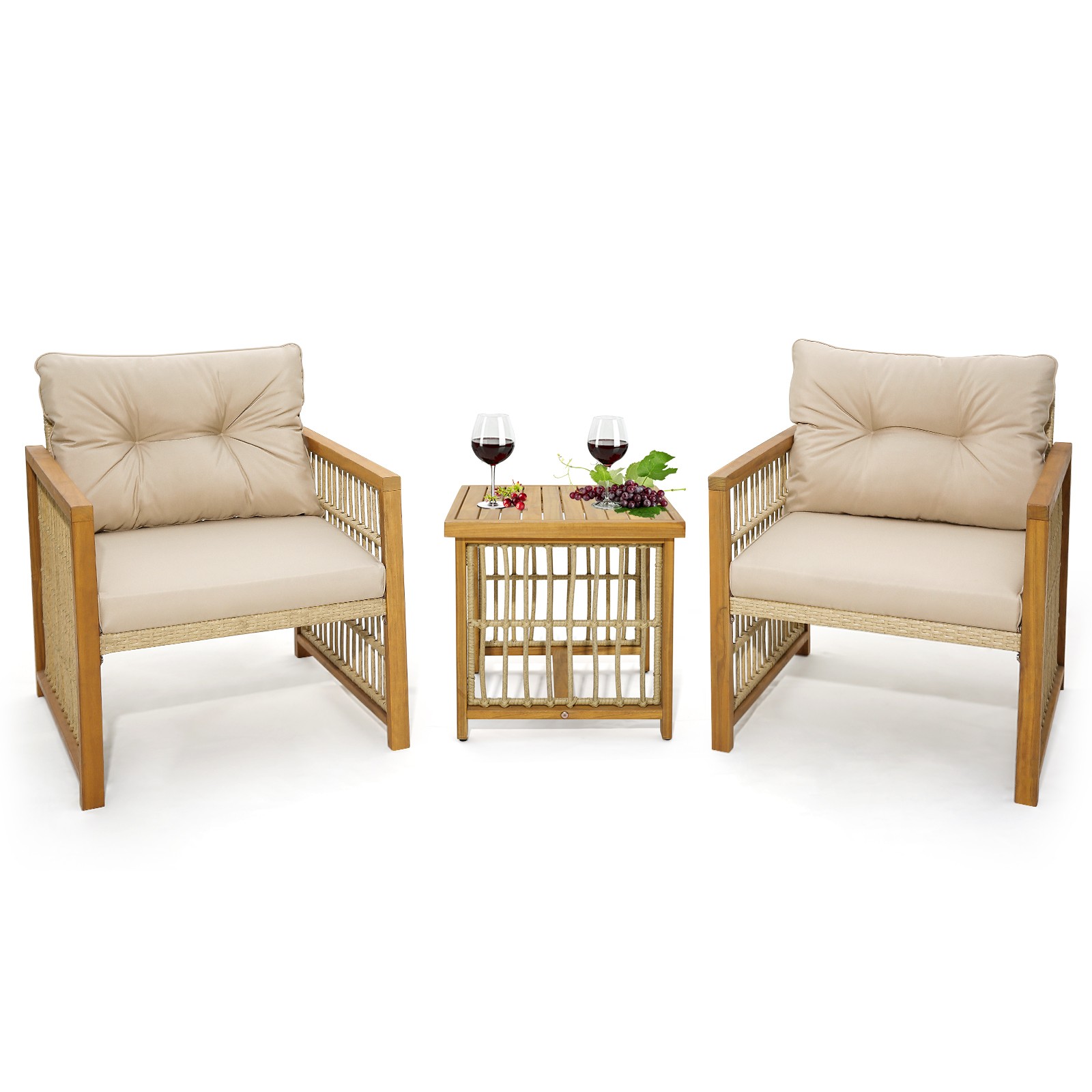 3PCS Patio PE Wicker Conversation Set Acacia Wood Frame W/Seat & Back Cushions