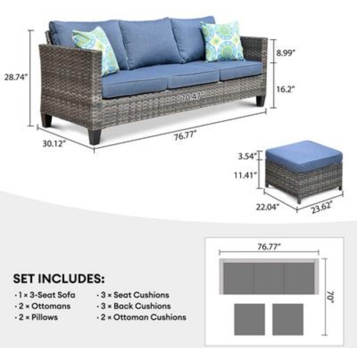 3-Piece Outdoor Rattan Wicker Sofa Set Gray w/ Blue Cushions, 2 Ottomans