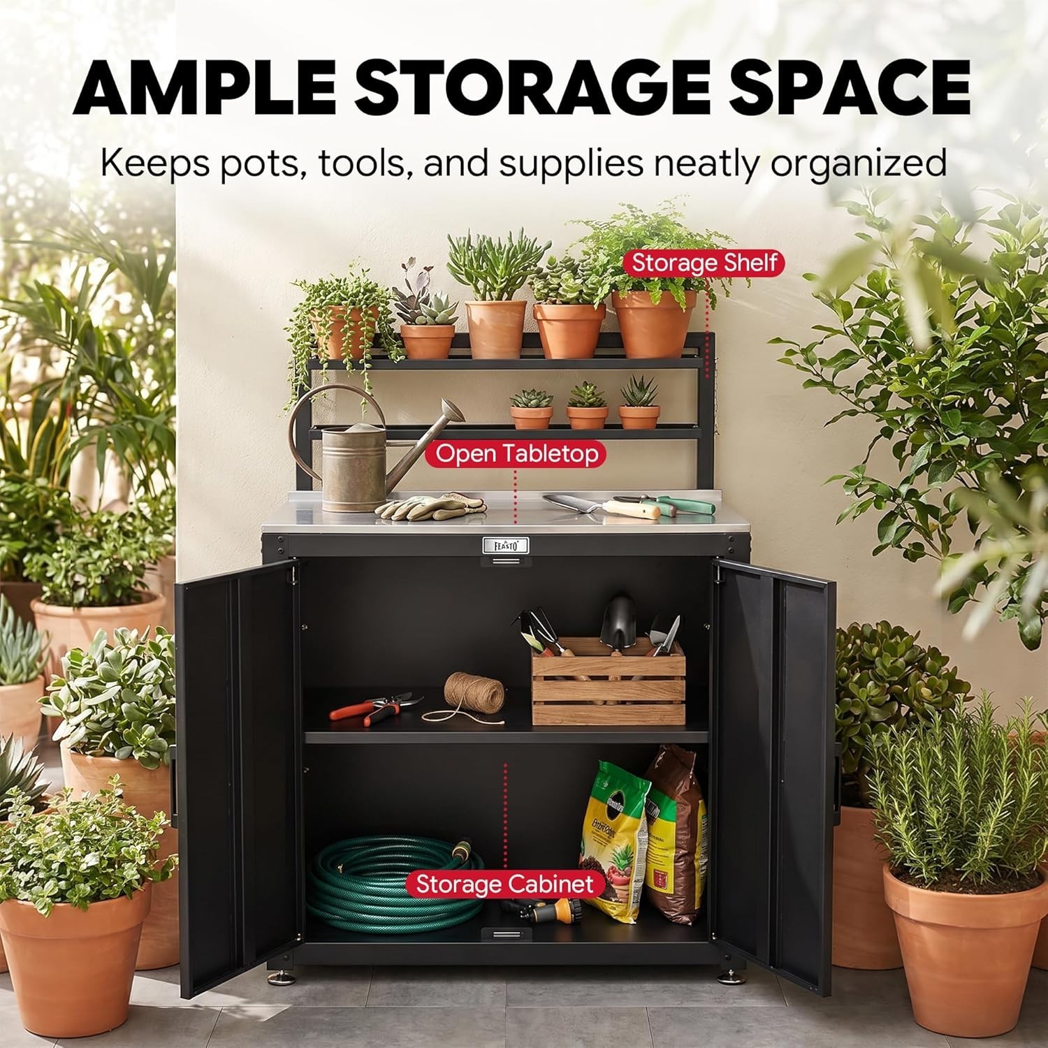 Multi-Purpose Black Gardening Workstation with Raised-Edge & Removable Hutch
