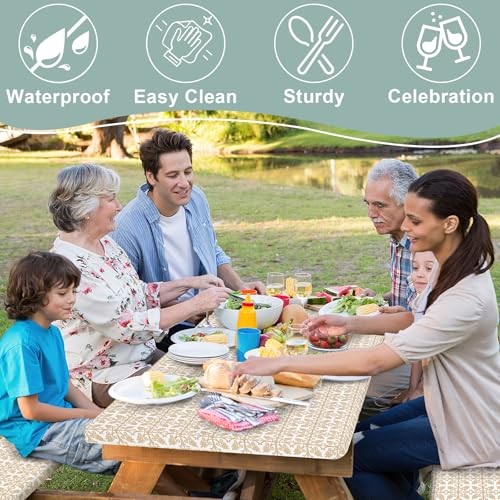 Picnic Table Cover with Bench Cover, Waterproof 30″ x 72″ Khaki and White