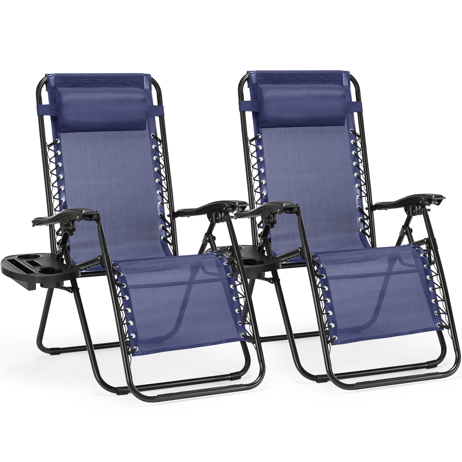 2 Set Zero Gravity Lounge Chairs Adjustable Pillow & Cup Holder Trays Portable