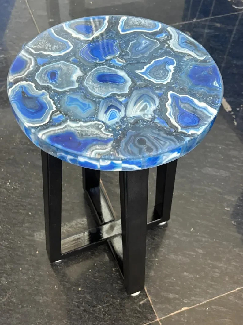 Blue Agate Corner Table Top – Natural Stone Luxury Side Table, Handmade Gemstone