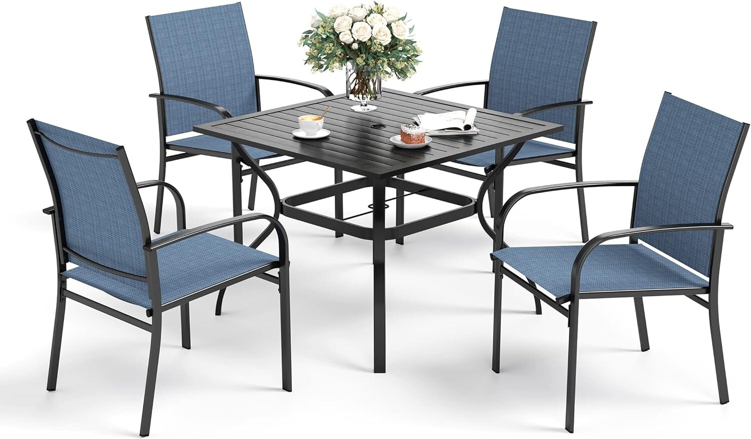 5 Piece Outdoor Dining Set Patio Table Chairs Set Square Table w/ Umbrella Hole