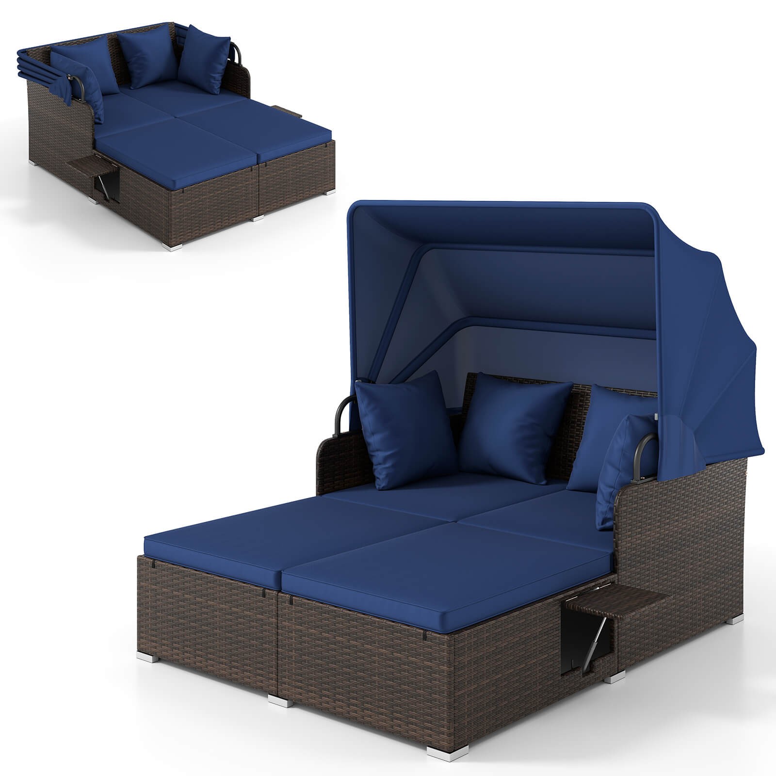 Patio Rattan Daybed Lounge Retractable Top Canopy Side Tables Cushions Beige