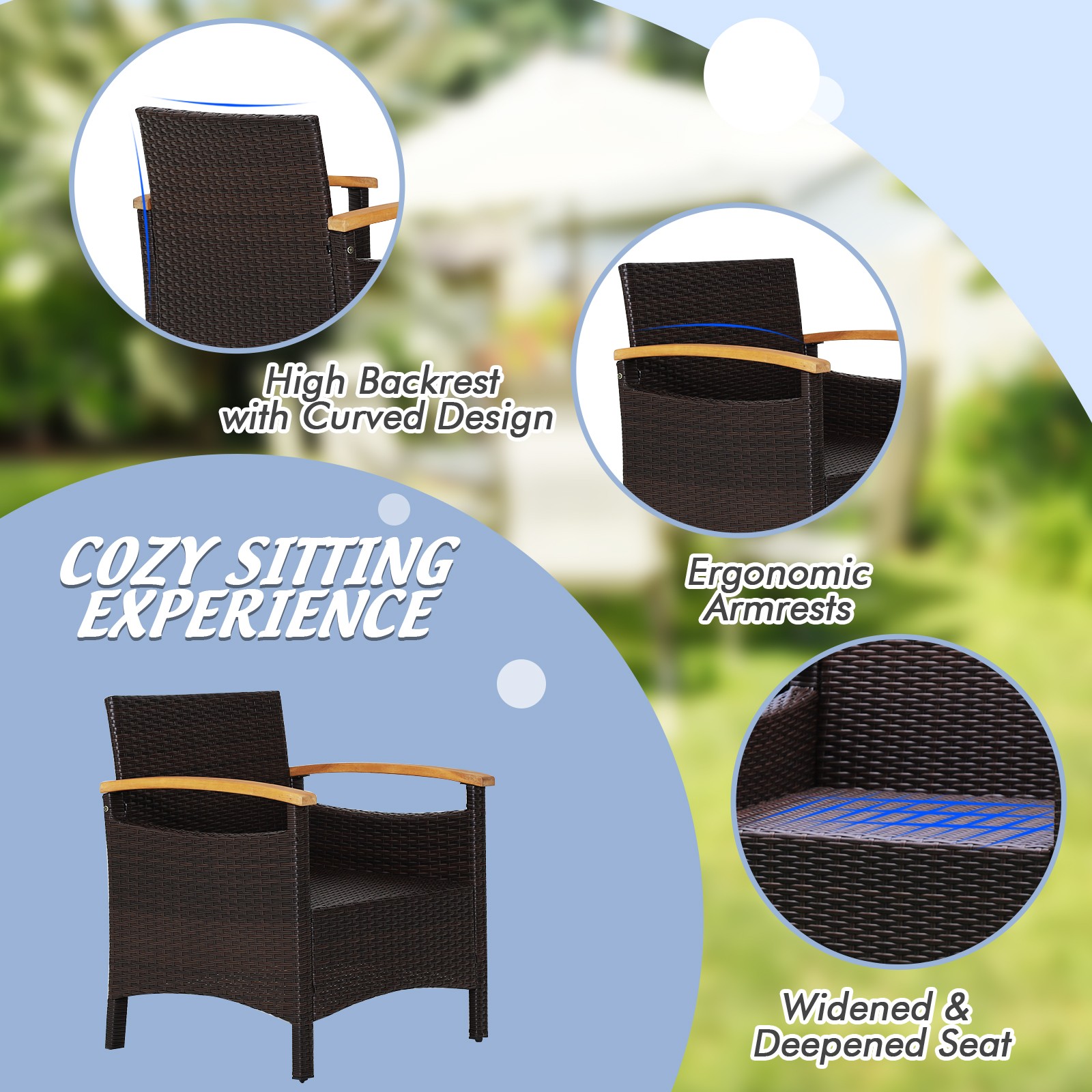 3 PCS Patio Rattan Furniture Set Wooden Armrest Table Top Cushioned Deck