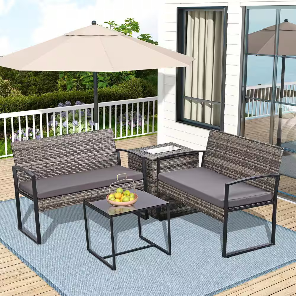 Unique 4-Piece Mixed Gray Wicker Patio Conversation Set Outdoor Bistro Set with