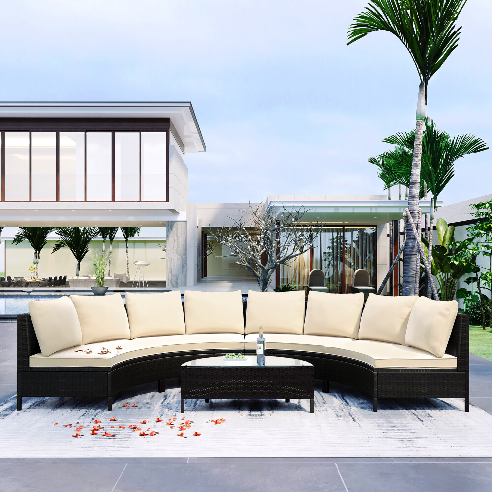 5pcs PE Rattan Wicker Sofa Set Outdoor Patio Sectional Furniture Set Half-Moon