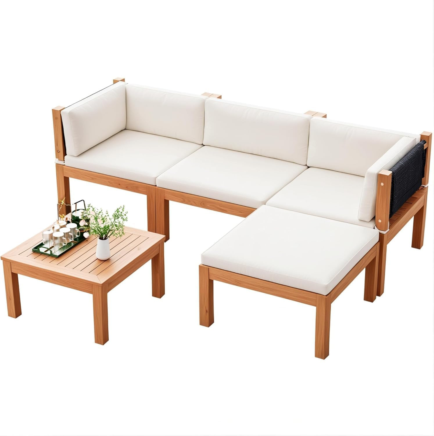 Acacia Wood Outdoor Sectional Sofa Set with Coffee Table & Cushions