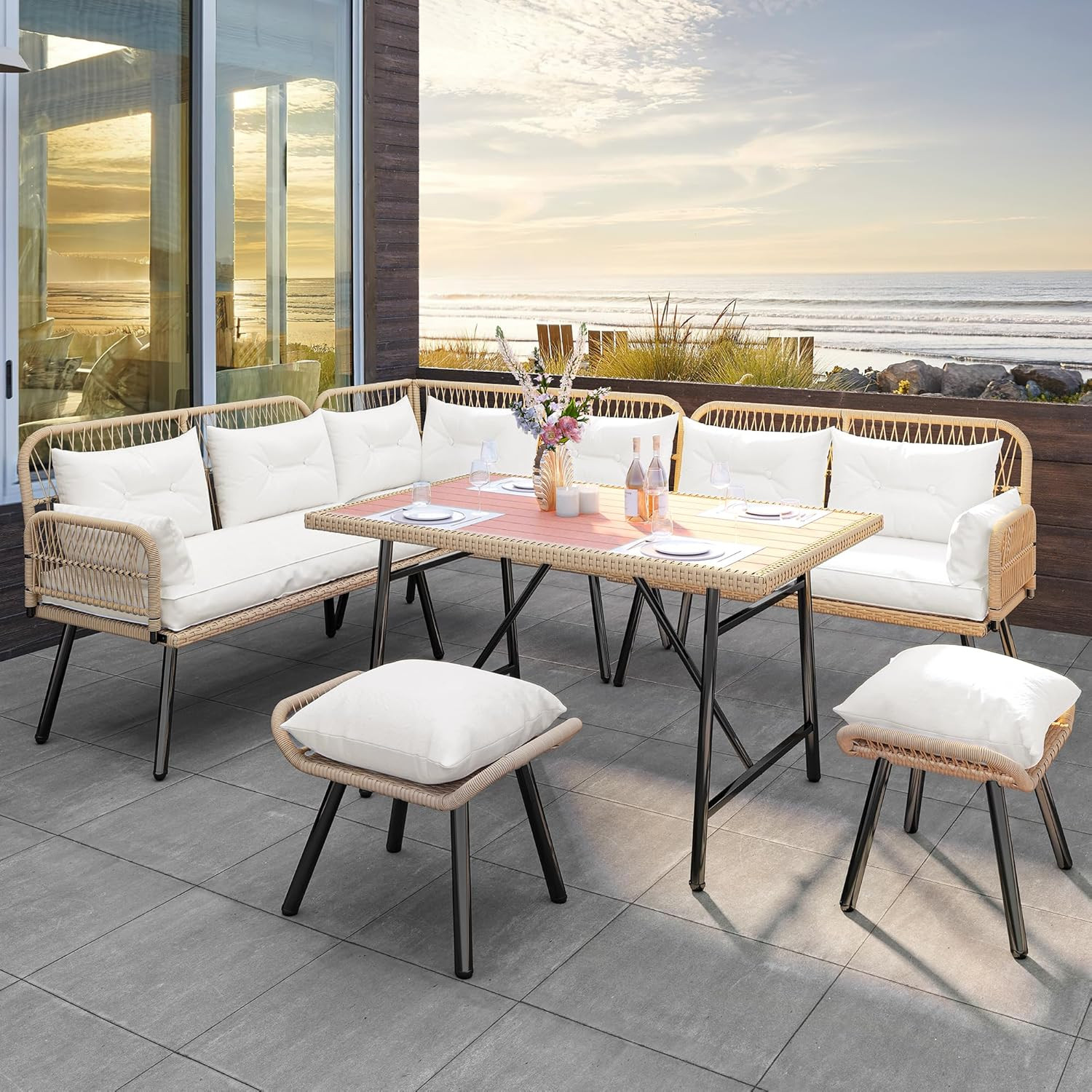 Patio Wicker L-Shaped Furniture Set, All-Weather Rattan Outdoor Conversation Sof